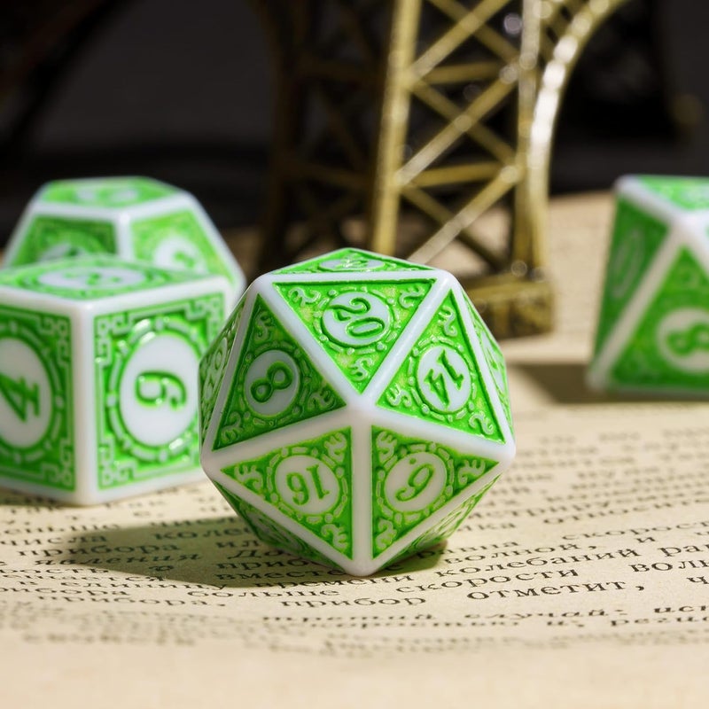 Poludie 7PCs DND Dice Set, Unique Window Lattice Pattern D&D Dice Set with Leather Die Bag, Polyhedral Die for RPG Table Games (Green/White) - Image 2